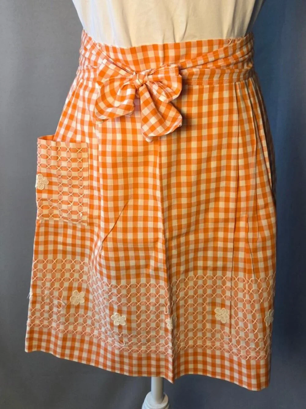 Handmade Embroidered Orange Gingham Half Apron Cottagecore Farmhouse Country